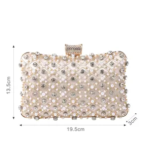 Detailed view of the luxury rhinestone and pearl evening clutch bag showing its precise dimensions.