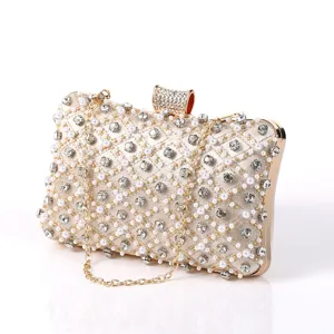 Luxury rhinestone pearl evening clutch bag with chain strap for party and wedding events.