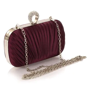 Women Evening Bag Rhinestone Pleated Clutch Handbag Metallic Frame Crossbody Banquet Party Purse With Chain Strap