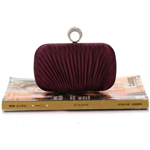 Elegant pleated evening clutch bag with sparkling rhinestone ring clasp for women.