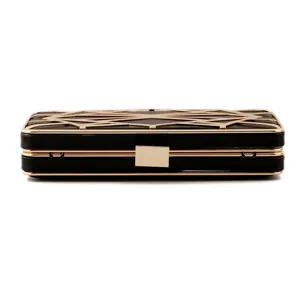 Schwarze goldene geometrische hohle Metallrahmen Abendtasche Damen elegante Party Clutch