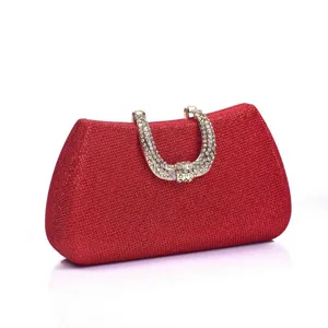 Red glitter evening clutch bag with sparkling rhinestone metal handle for women parties