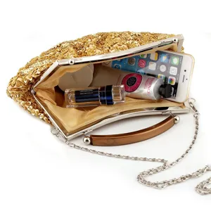 Gold sequin evening clutch bag detail view, vintage style handbag with metal chain strap.