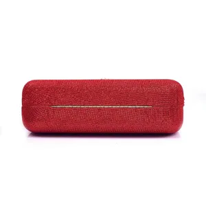 Red glitter evening clutch bag detail, sparkling diamond encrusted hard case design for women.
