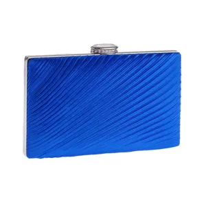 Blue pleated fabric evening clutch bag with silver metal frame and crystal clasp detail