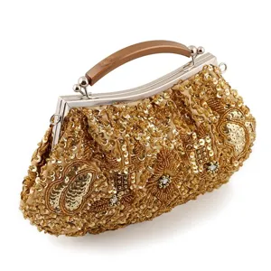 Gold sequin bead embroidered clutch bag detail, vintage metal frame evening handbag