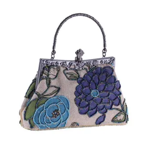 Beaded evening handbag ethnic style linen clutch retro metal frame wedding party purse