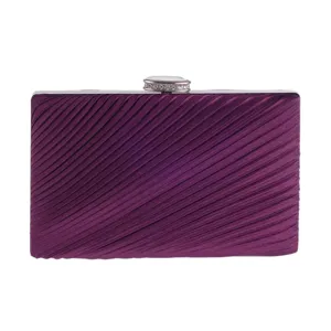 Purple pleated satin evening clutch bag detail, featuring a sparkling rhinestone clasp closure.