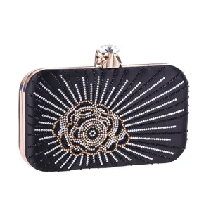 Black satin rhinestone evening clutch hard box purse for women wedding party dress bag.