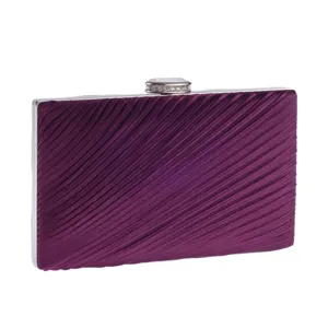 Purple pleated evening clutch bag detail, elegant rhinestone clasp for formal events.