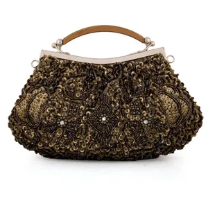 Vintage beaded clutch bag, sequin embroidered evening handbag with wooden handle for women.