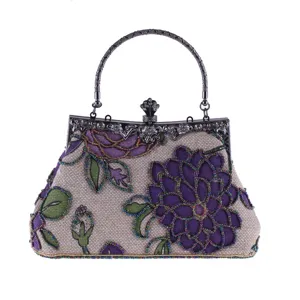 Vintage beaded evening handbag with metal handle, ethnic style linen floral clutch bag.