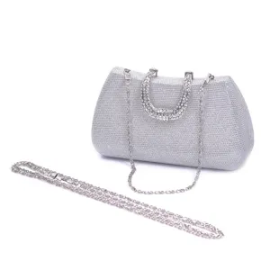 Silver rhinestone evening clutch bag detail, elegant shimmering diamond purse for women.