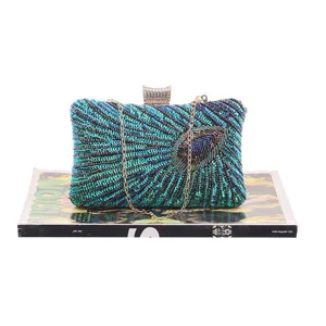 Vintage Peacock Beaded Sequin Evening Clutch Bag Elegant Wedding Party Handbag with Chain