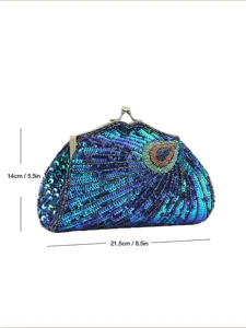 Exquisite sequin peacock clutch bag with vintage beaded embroidery for evening parties.