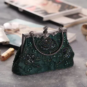Vintage dark green beaded evening clutch bag, exquisite embroidery detail with metal clasp.