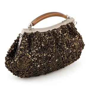 Vintage beaded evening bag detail, exquisite bronze sequin embroidery and clasp closure.