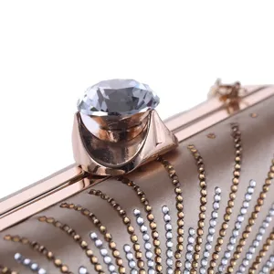 Elegant women evening clutch detail shot, sparkling rhinestones and large crystal clasp, luxury design.