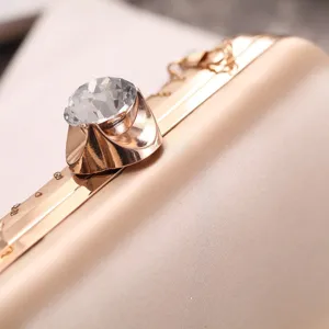 Elegant champagne gold evening clutch bag detail, featuring crystal clasp and satin finish.