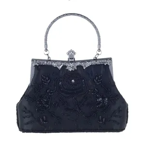 Exquisite black beaded evening bag detail featuring vintage embroidery and metallic handle.