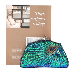 Vintage sequin peacock beaded clutch bag elegant evening handbag with metal clasp closure
