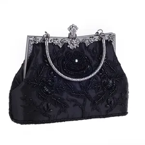 Vintage black beaded evening bag, floral embroidered handbag with metal clasp for banquet party.
