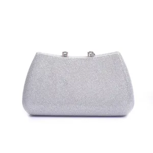 Silver rhinestone evening clutch bag detail shot, glitter crystal material, metal clasp.