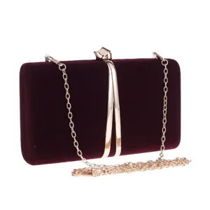 Burgundy velvet evening clutch bag with gold chain strap for women elegant party wedding purse