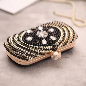 Exquisite beaded evening clutch bag with rhinestones and pearl clasp, elegant detail view.