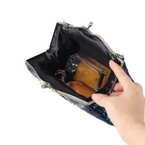 Vintage Beaded Sequin Evening Clutch Bag Elegant Handbag Interior Detail Display Pro