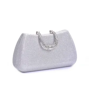 Silver rhinestone evening clutch bag for women, sparkly crystal party purse for wedding dress.