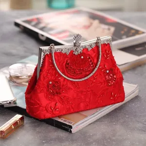 Red satin vintage embroidered clutch bag, elegant beaded banquet handbag for evening dress.