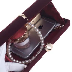 Womens velvet evening clutch bag with pearl chain, elegant hard case handbag for party.