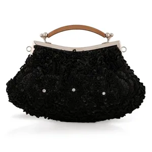 Vintage black beaded clutch bag with wooden handle and silver frame for evening party.