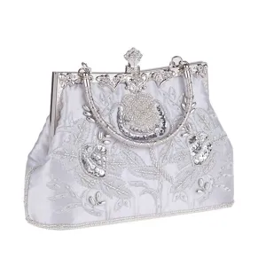 Silver beaded embroidered evening bag luxury vintage banquet handbag for wedding dress.