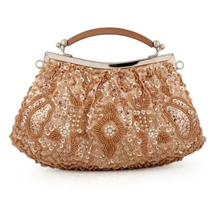 Gold sequin beaded evening bag vintage clutch purse with handle detail for women.