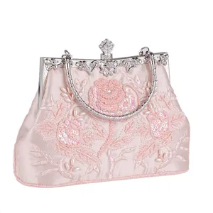 Exquisite pink satin beaded evening bag with vintage silver metal clasp for women banquet dress.