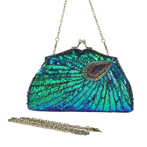 Vintage Chinese Style Sequined Beaded Peacock Evening Bag Women Embroidered Clutch Crossbody Banquet Party Handbag