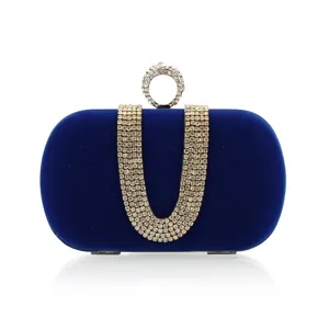Women's Velvet Evening Bag Luxury Rhinestone U Shaped Ring Clutch Purse Banquet Party Handbag