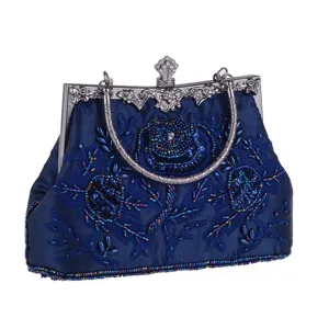 Vintage dark blue beaded evening bag elegant floral handbag for women party banquets