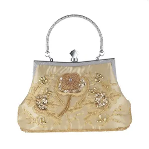 Vintage beaded embroidery evening handbag with metal handle, elegant banquet bridal bag for women.