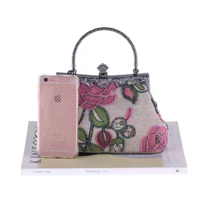 Exquisite beaded evening handbag ethnic linen retro clutch bag for banquet wedding party.