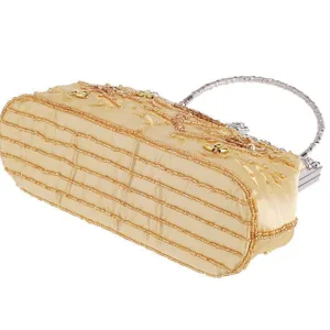 Gold beaded evening bag detail view, vintage embroidery banquet clutch for formal dress events.