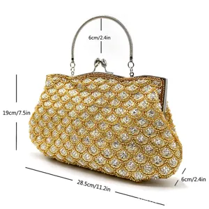 Elegant Beaded Evening Bag Fishscale Clutch Purse with Metal Handle and Chain Strap