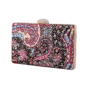 Elegant evening clutch bag with vintage paisley print and shiny rhinestones for women.