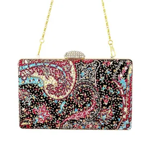 Women's Evening Bag Rhinestone Embellished Paisley Printed Hard Shell Clutch Purse Metallic Frame Shoulder Crossbody Bag