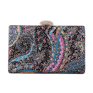 Exquisite rhinestone evening clutch bag with colorful paisley print for party weddings.