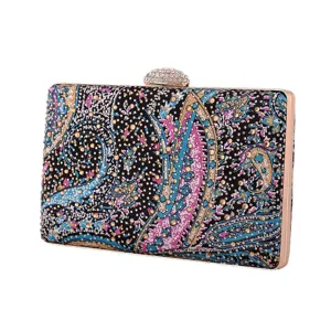 Rhinestone paisley print evening clutch bag for women elegant wedding party shoulder handbag