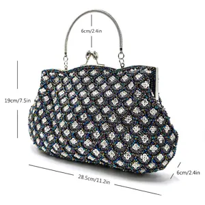 Elegant beaded evening clutch bag with fish scale design, metal kiss-lock and top handle.