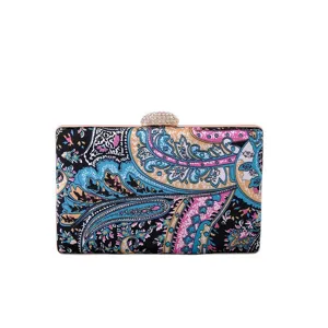 Elegant printed rhinestone evening clutch bag, stylish hard-case party shoulder handbag.